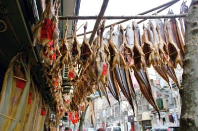 Dried poultry and conger pike at pop-up market on Danshui Lu, photo by UnTour Shanghai