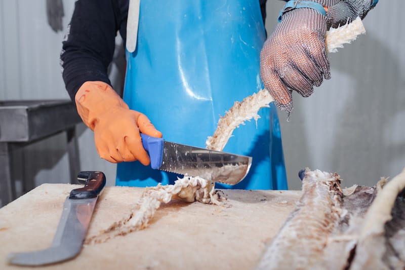 When baccalà and stoccafisso arrive at the Scanfish warehouse in Somma Vesuviana, they need to be cut with great skill and care, photo by Carlo Rainone