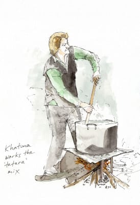 Mixing the tatara to make churchkhela, illustration by Andrew North