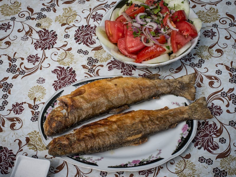 Fried trout and a salad at Ksovrelebis Sakalmakhe, photo by Paul Rimple trout kavtiskhevi