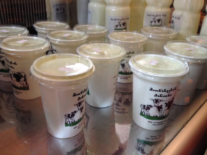 Matsoni for sale at a local shop in Tbilisi, photo by Paul Rimple