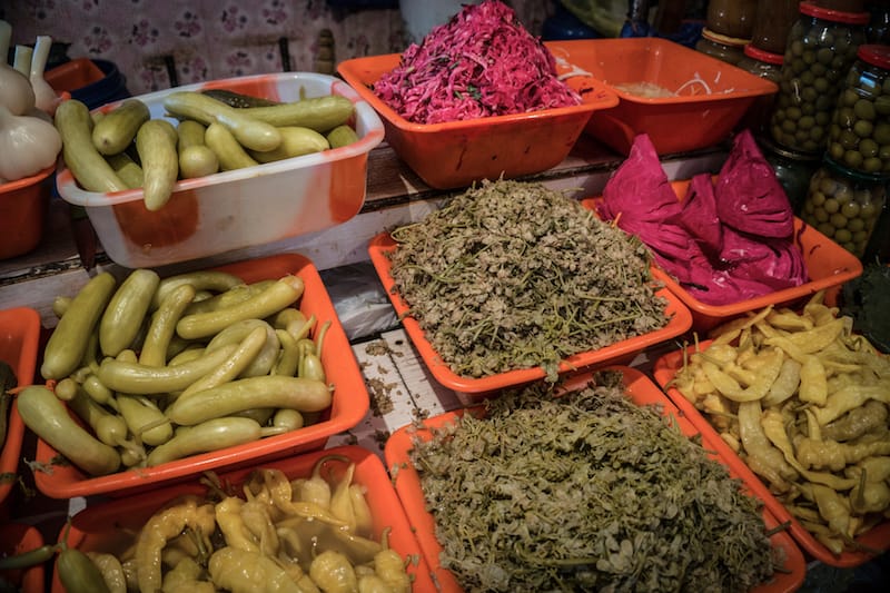 Some of Nunu's pickles at her stand in the Deserter's Bazaar, photo by Paul Rimple pickle queen tbilisi