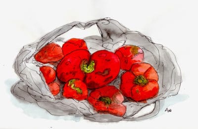 Tomatoes from Nona's Deserterebi stall, illustration by Andrew North
